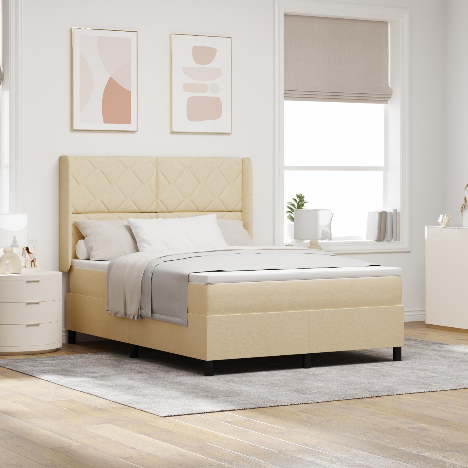 Kontinentalseng med hovedgærde og topmadras 160 x 200 cm - creme stof