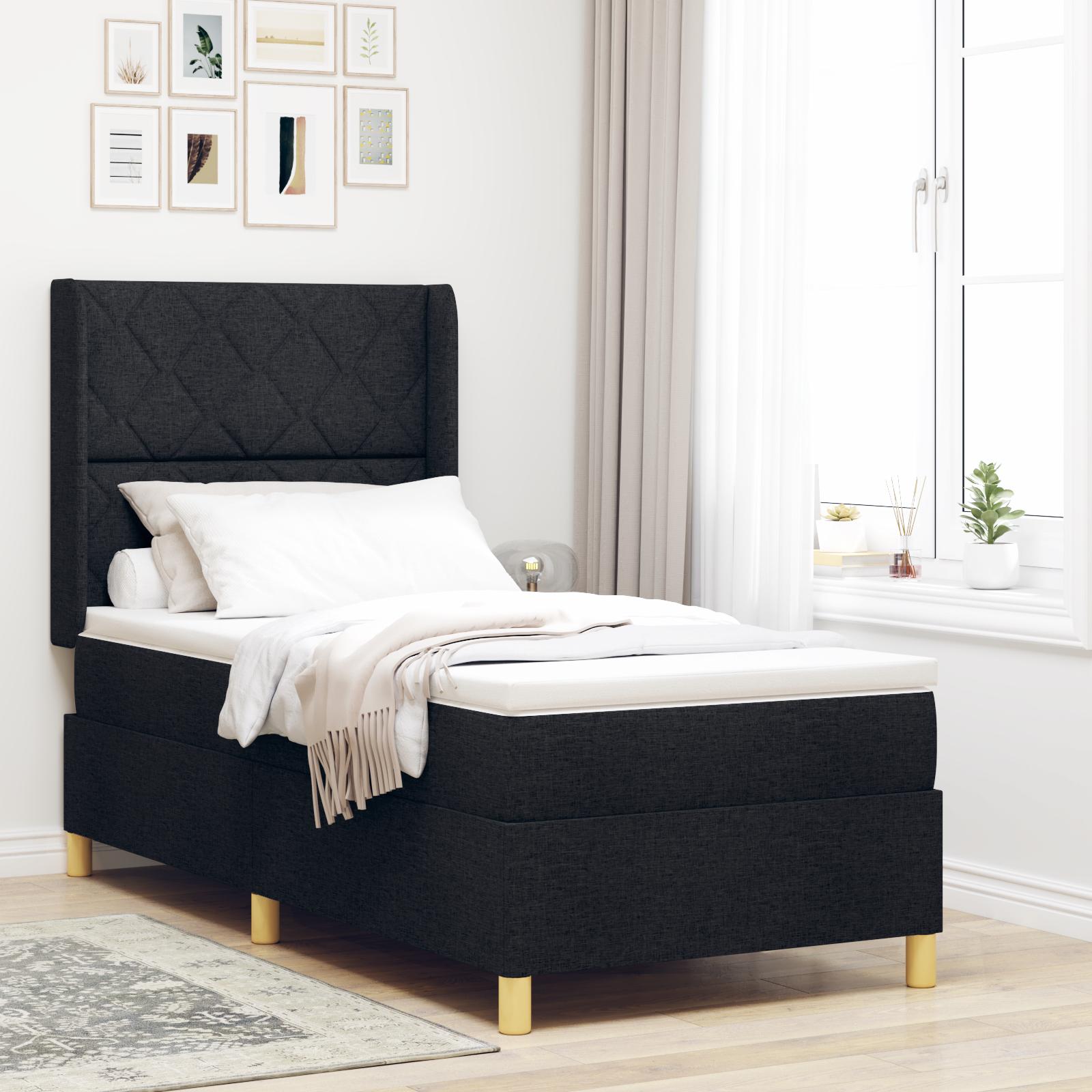 Kontinentalseng med madras med hovedgærde Sort 90 x 190 cm Stof