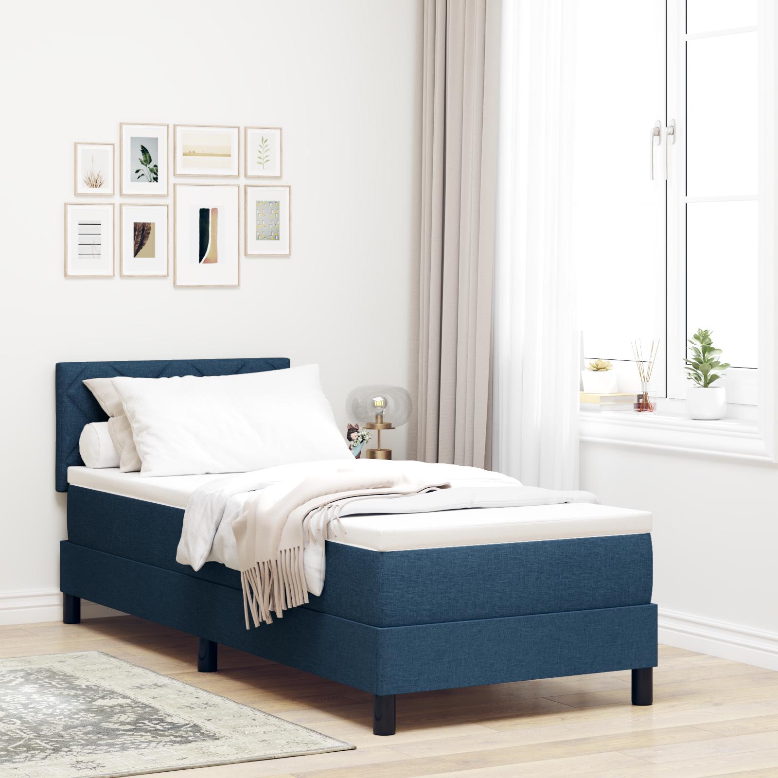 Box Spring Seng Med Madras Med Hovedgærde Blå 80 X 200 Cm Stof
