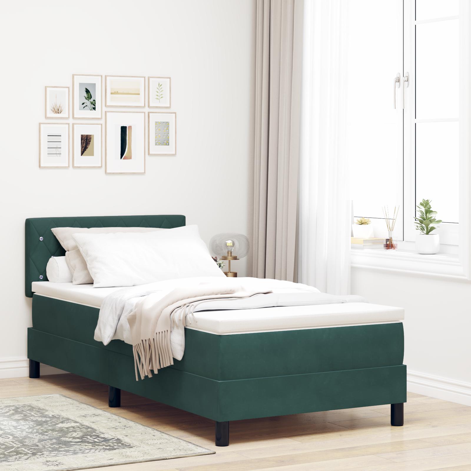Box Spring Seng Med Hovedgærde Mørkegrøn 90 X 200 Cm Fløjl