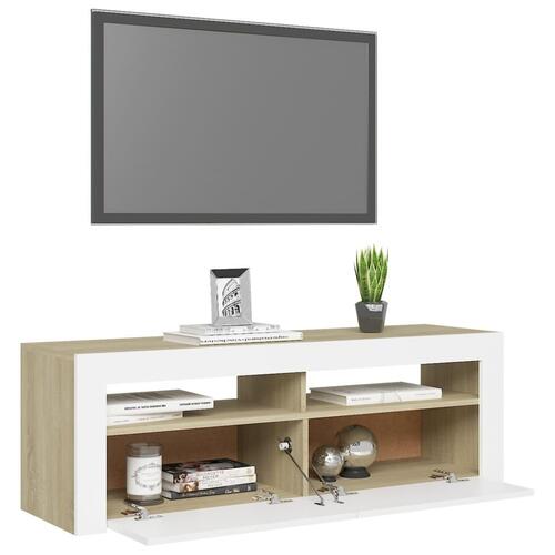 Tv-bord med LED-lamper 120x35x40 cm hvid og sonoma-eg