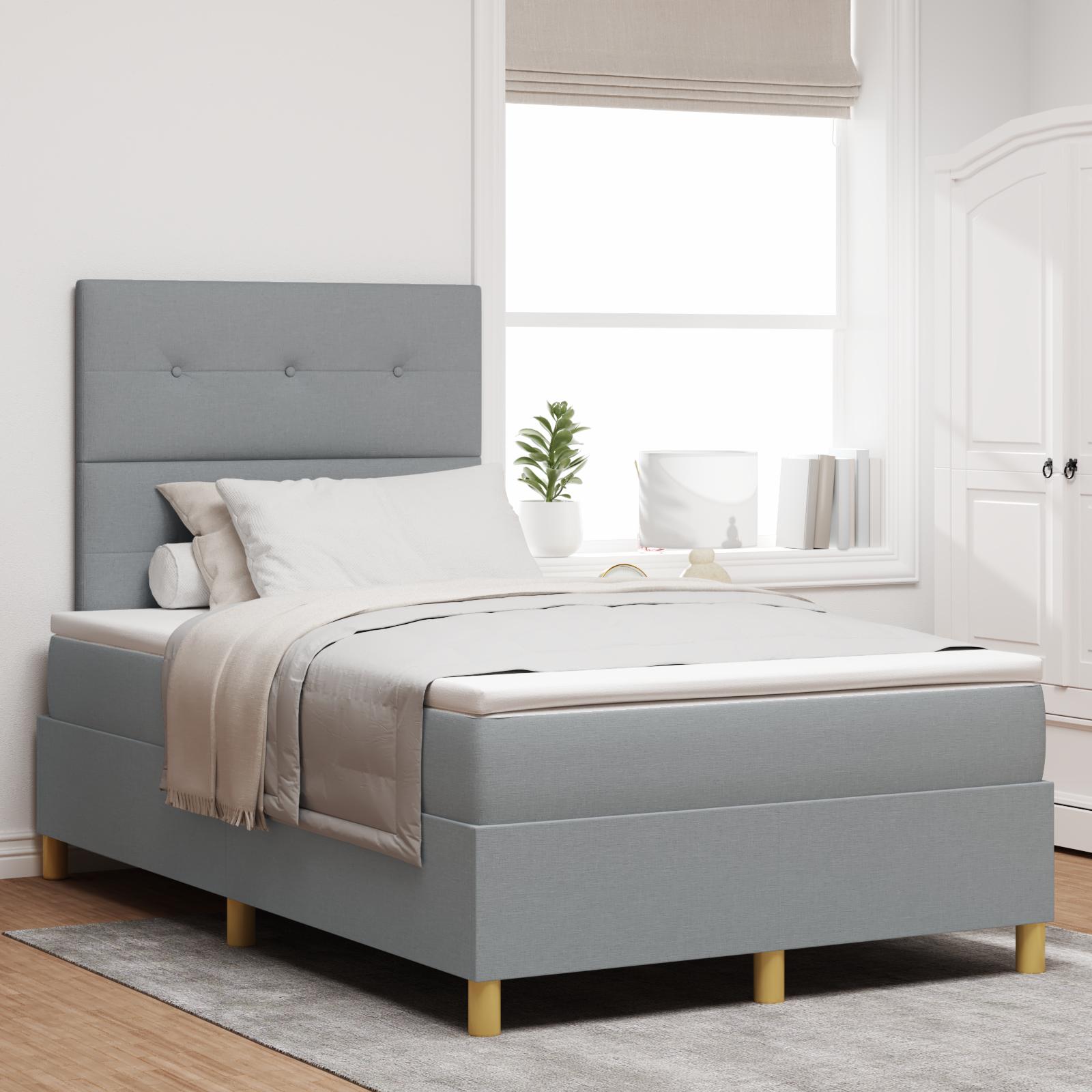 LED boxspring seng med hovedgærde 120 x 200 cm i lysegrå stof