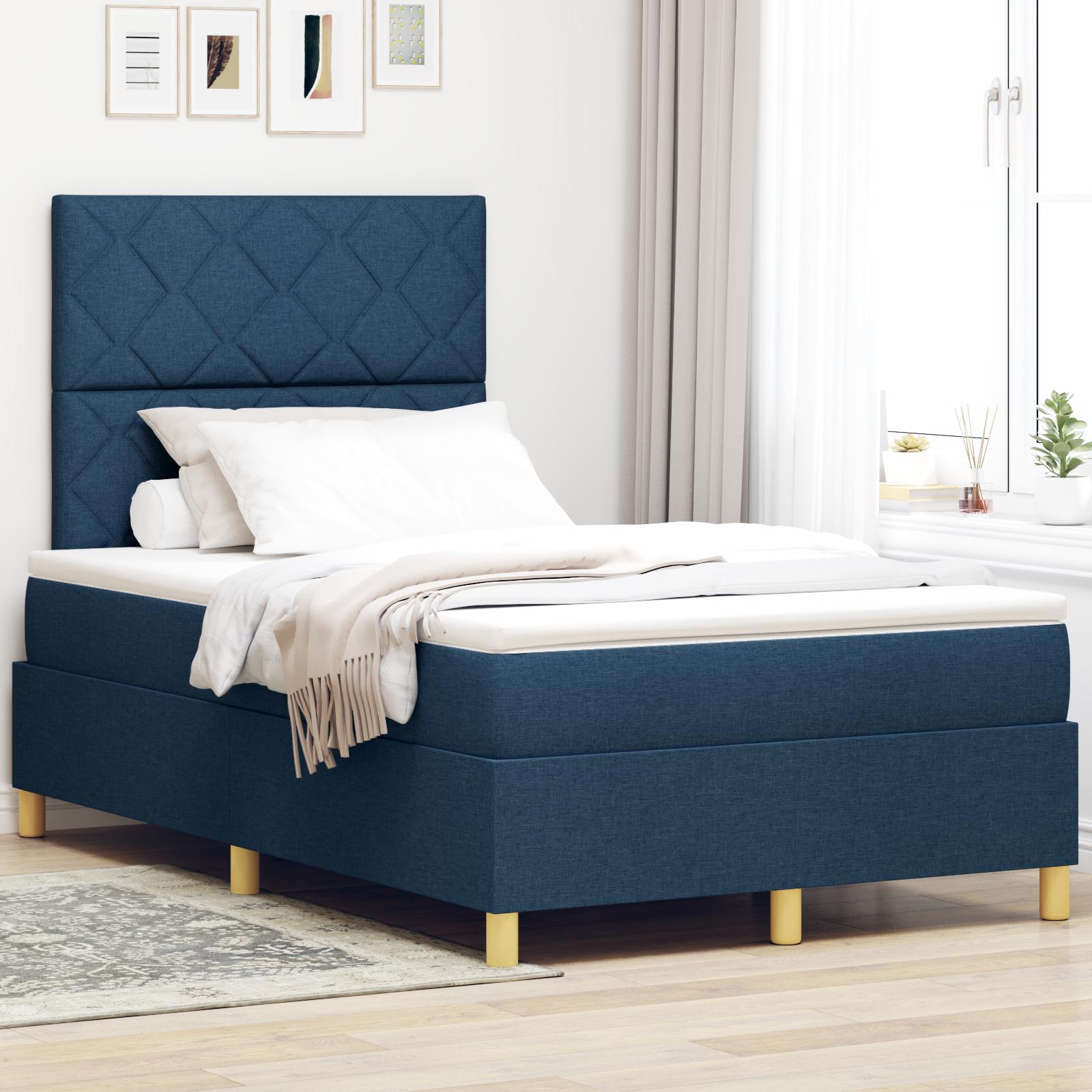 Box Spring Seng Med Madras Med Hovedgærde Blå 120 X 200 Cm Stof