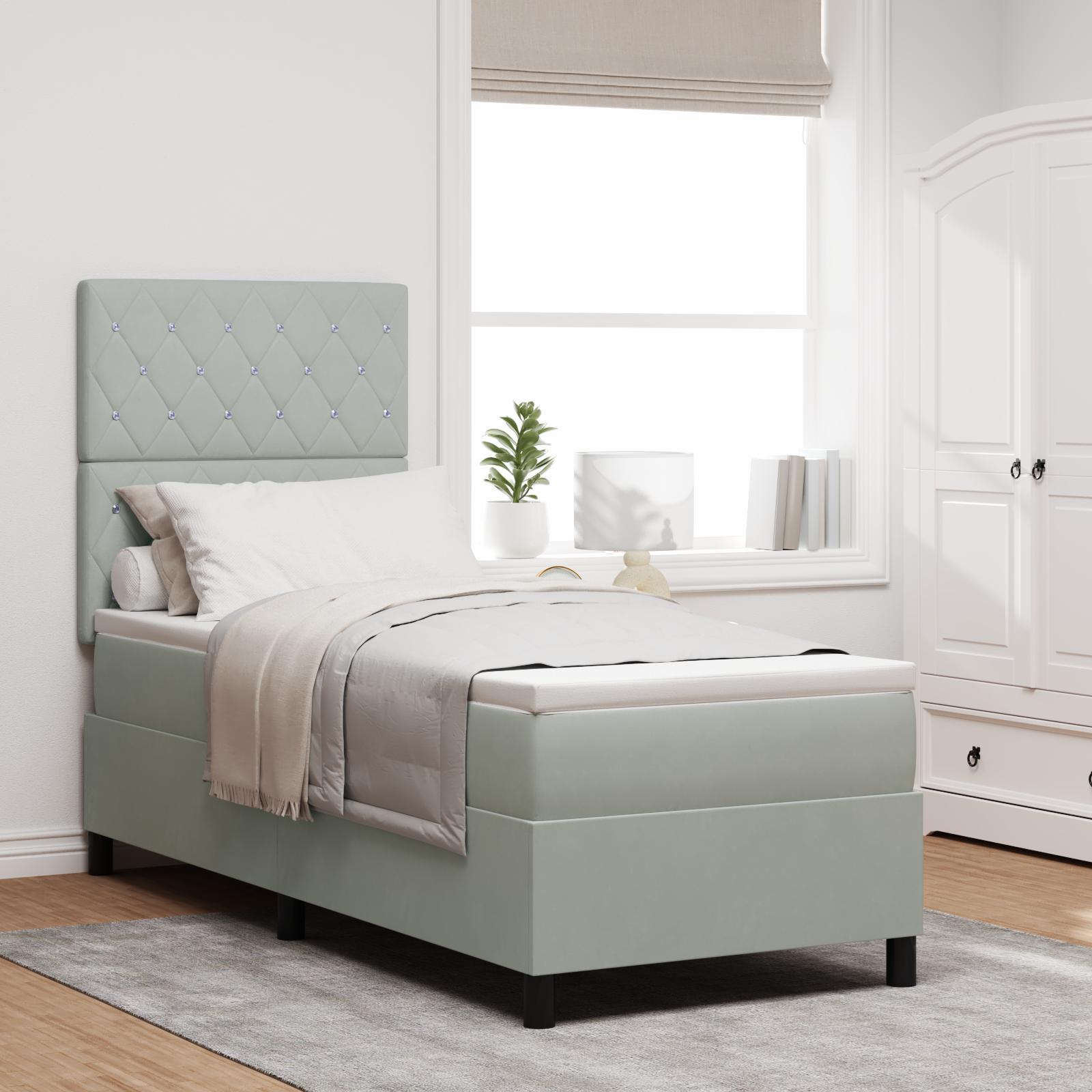 LED Box Spring Bed med madras Lysegrå 80 x 200 cm Stof
