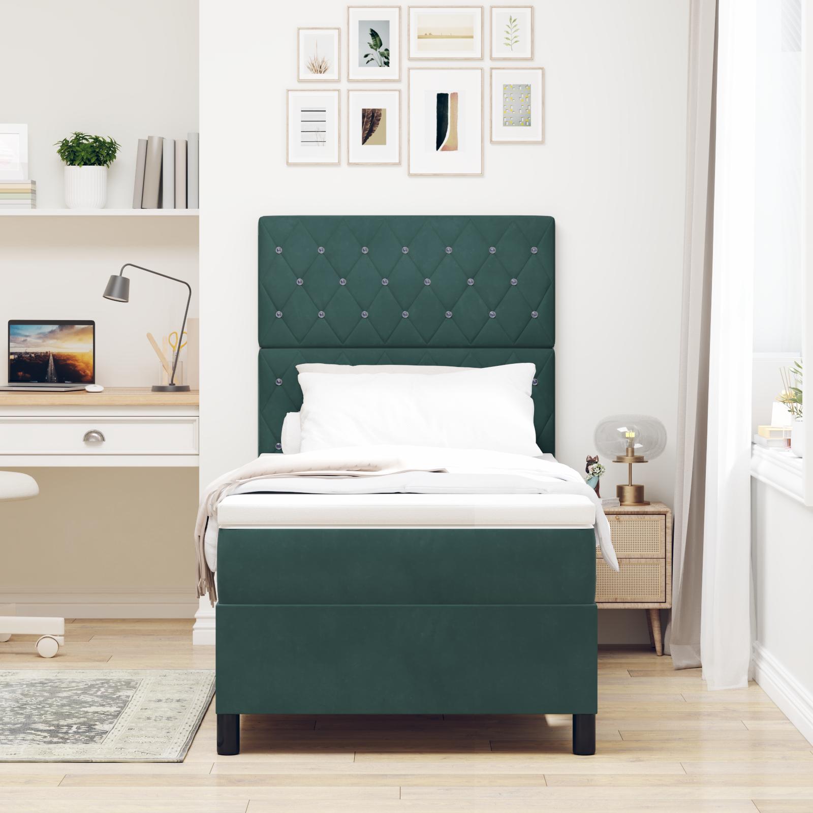 LED boxspring seng med madras 90 x 200 cm mørkegrøn fløjl
