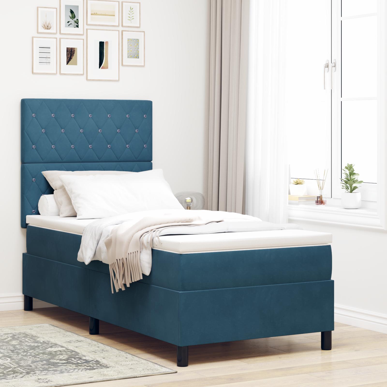 vidaXL LED Box Spring Bed med madras Mørk blå 100 x 200 cm Fløjl