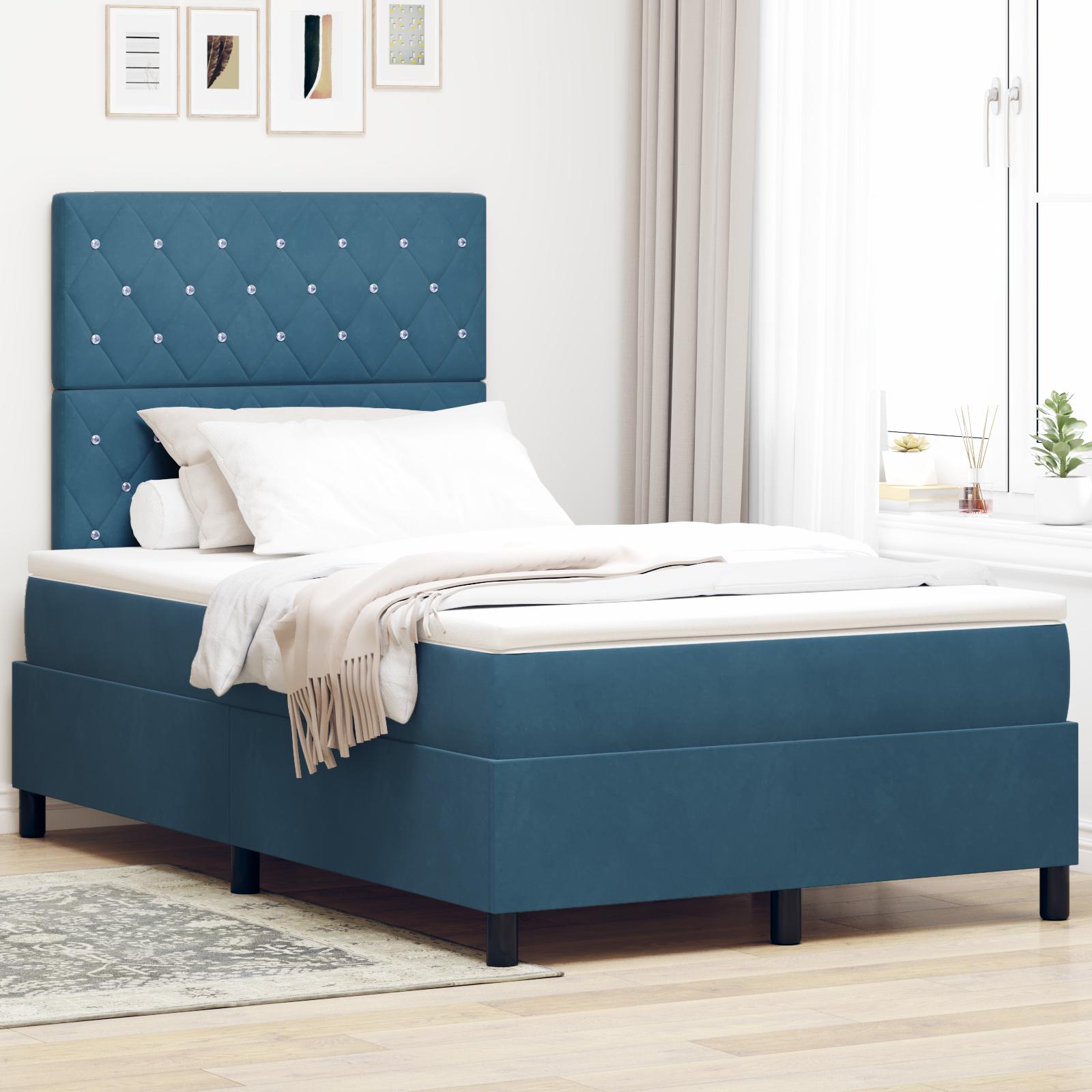 LED boxspring seng med madras 120 x 200 cm i mørk blå fløjl