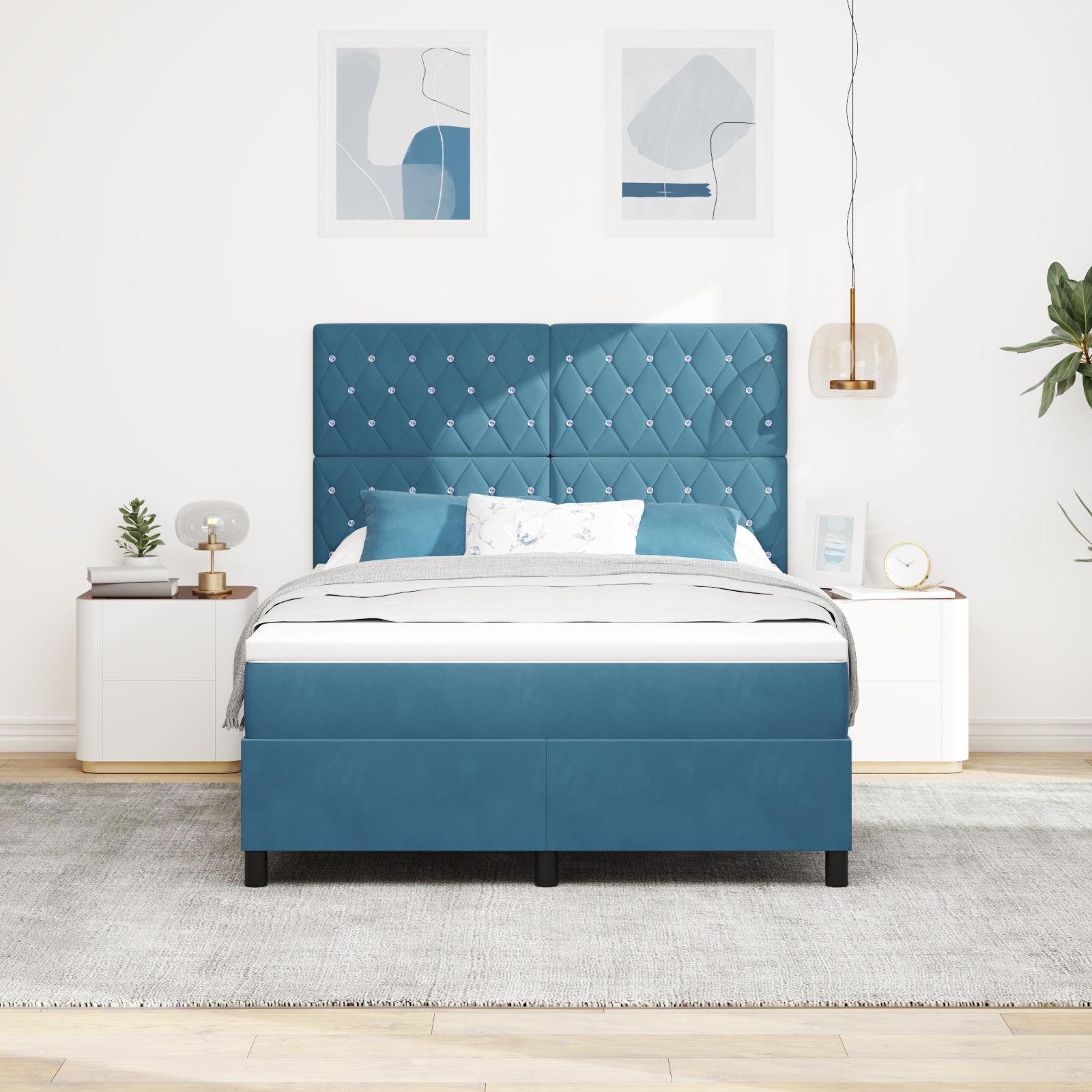 LED Box Spring Bed med madras Mørk blå 140 x 190 cm Stof