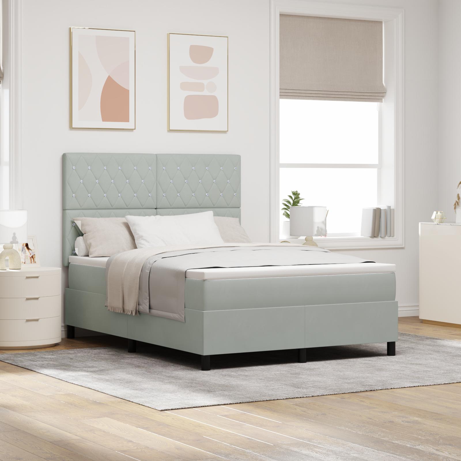 LED Box Spring Bed med madras Lysegrå 140 x 200 cm Stof