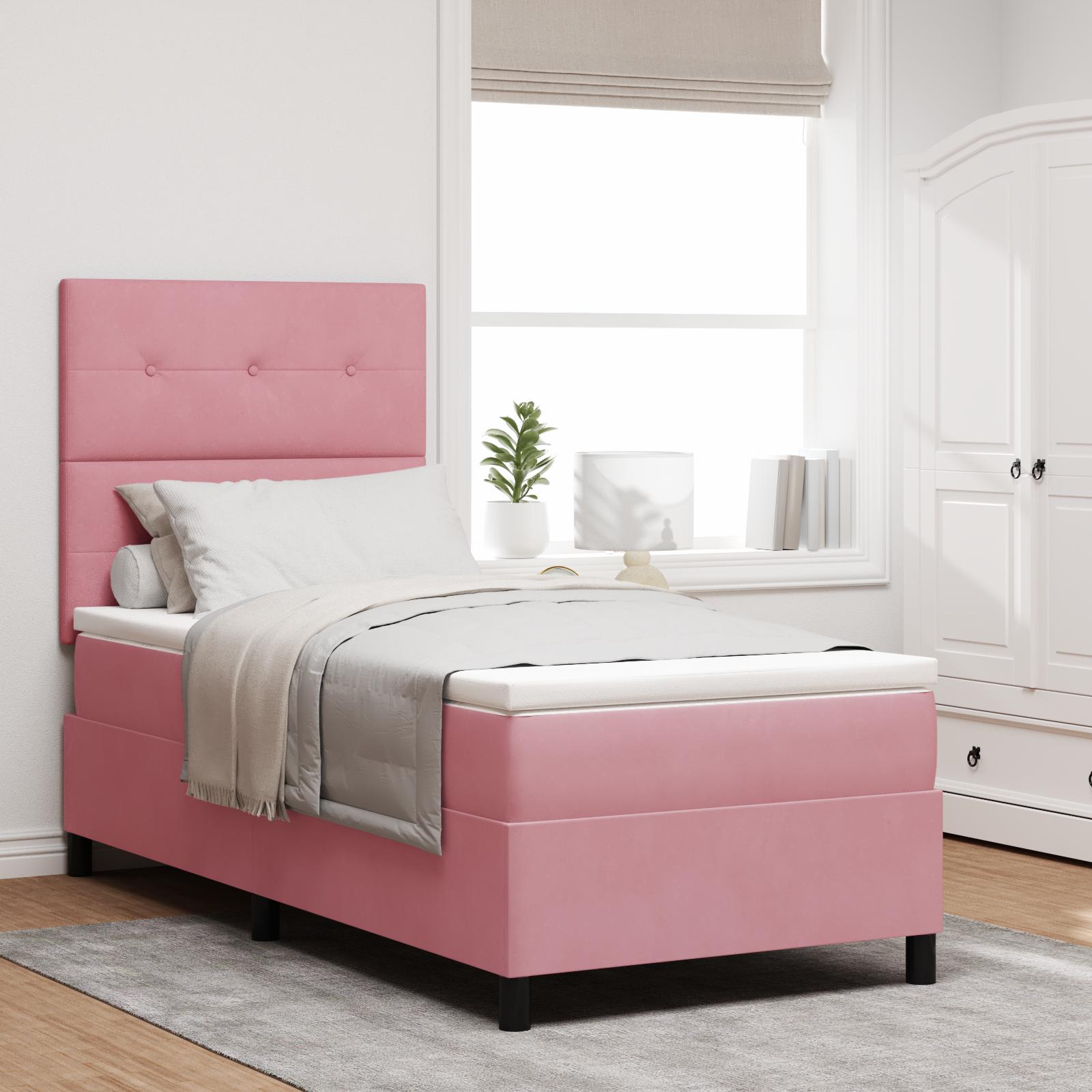 LED Box Spring Bed med madras Lyserød 90 x 190 cm Stof