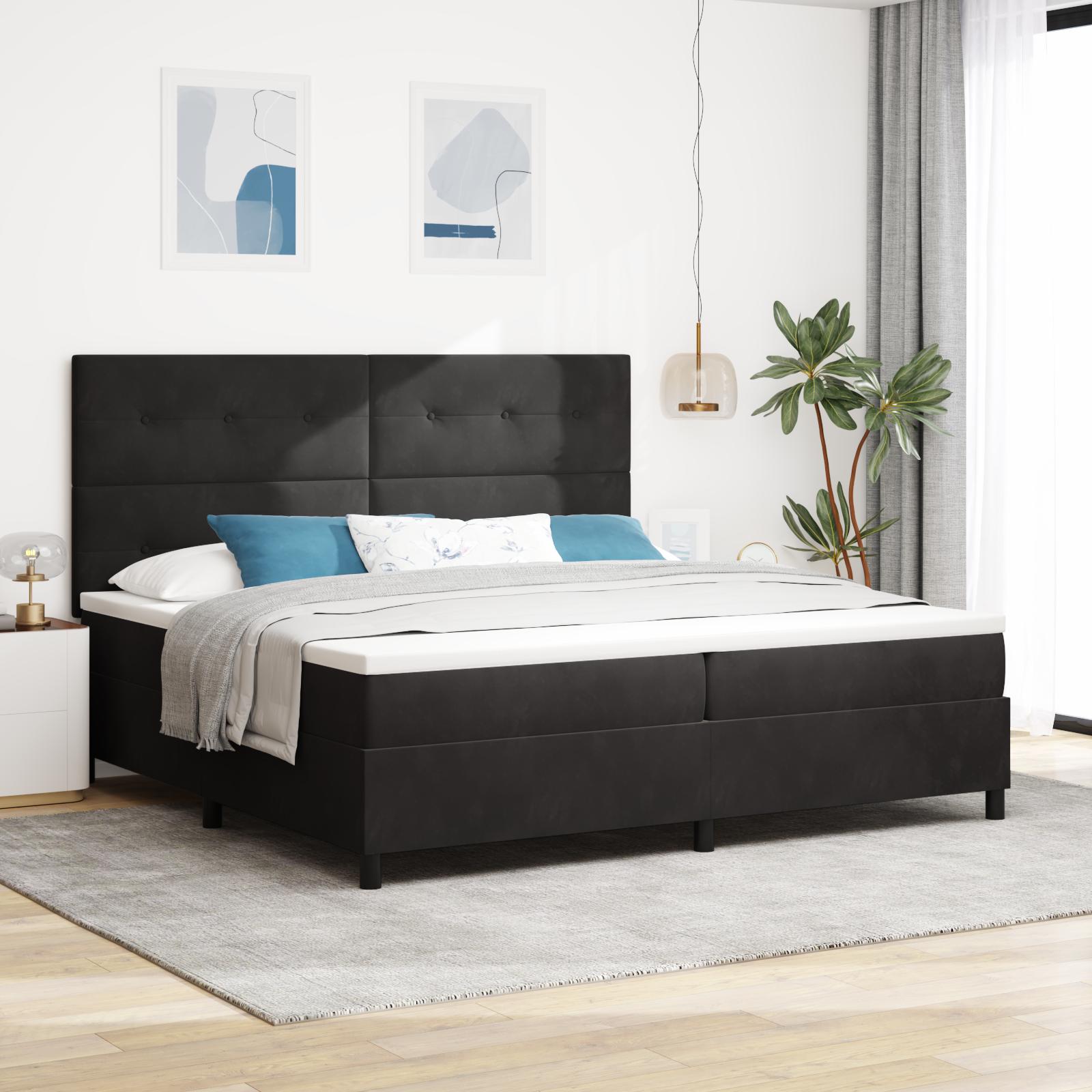 LED boxmadras-seng med hovedgærde - sort fløjl, 200 × 200 cm
