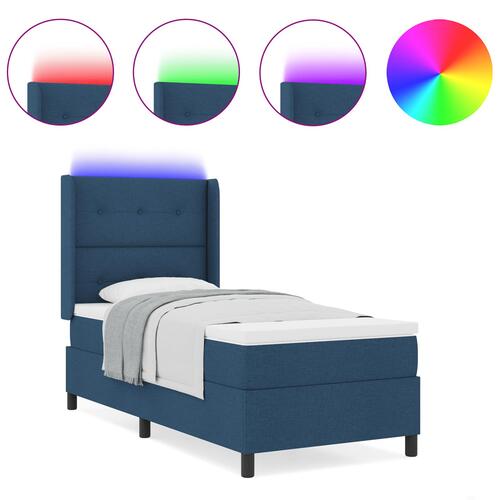 Box Spring Seng med Madras & LED Blå 90x190 cm Stof