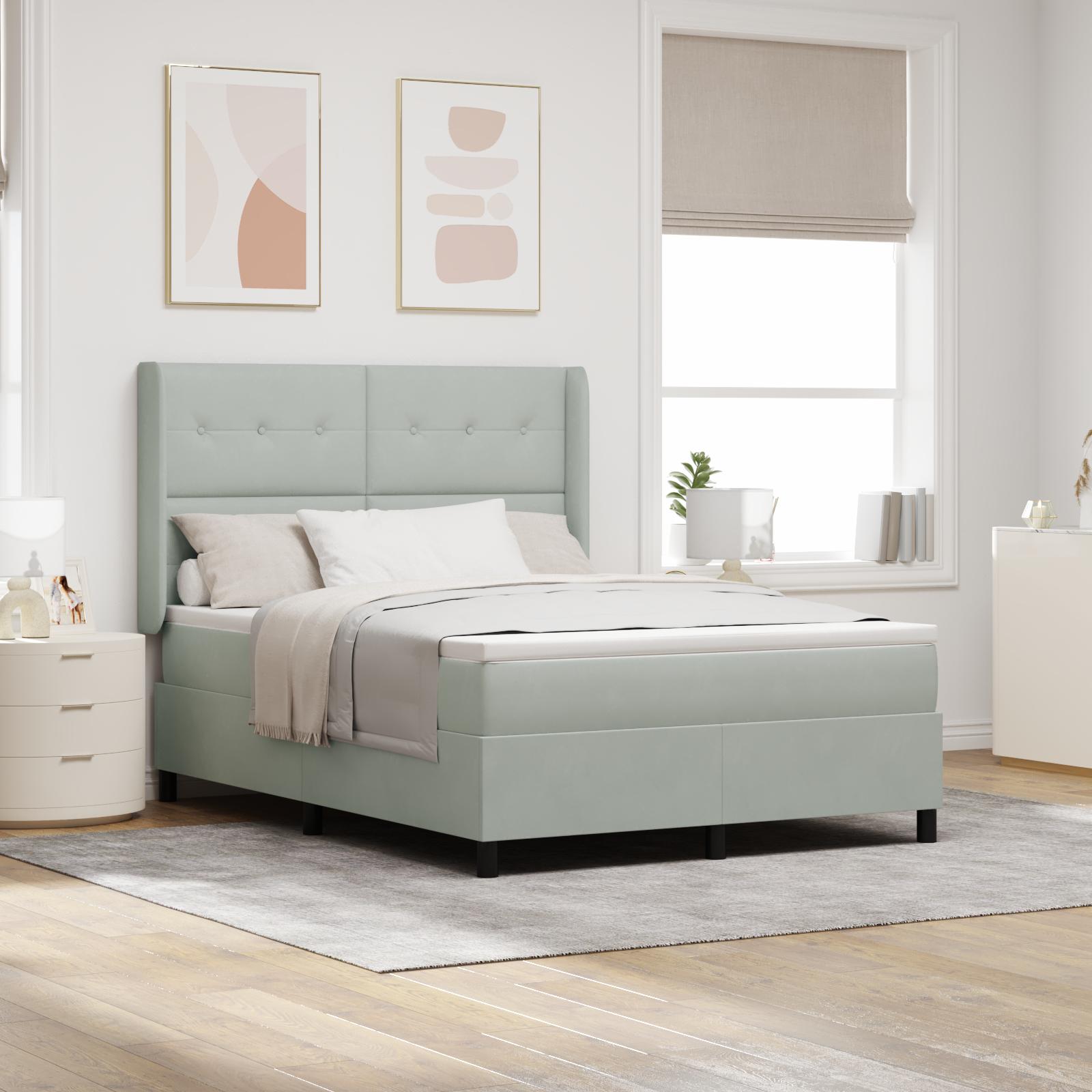 Boxspring Seng Med Madras & Led Lys Lysegrå 160x200 Cm Velour