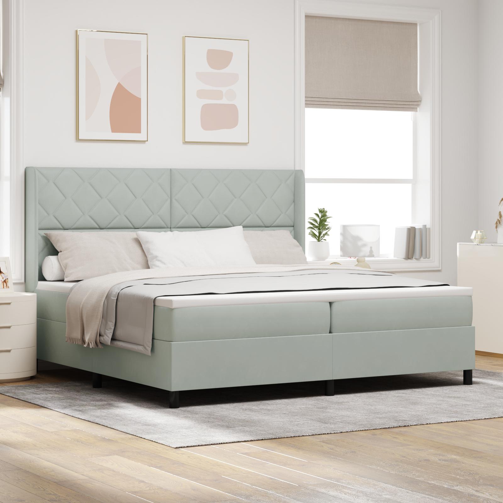 vidaXL Box spring seng med LED-lysstrimler Lysegrå 200 x 200 cm Fløjl