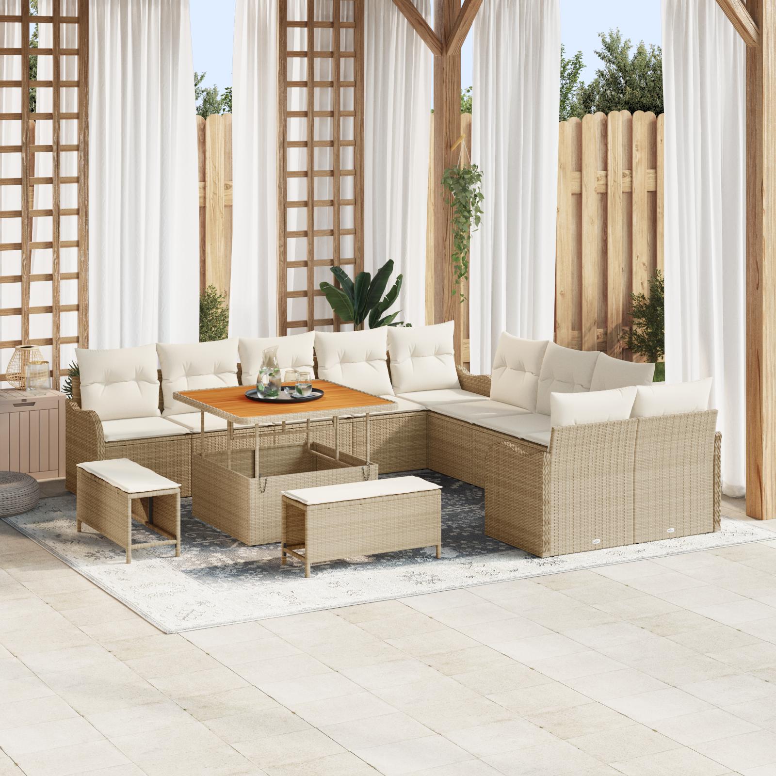 13-delt Havemøbel Sæt Med Puder Beige Poly Rattan Akacietræ&& 2-personers Havemøbel Sofa Med Puder Beige Poly Rattan&& 3-delt Havemøbel Sæt Med Puder Beige Poly Rattan Akacietræ