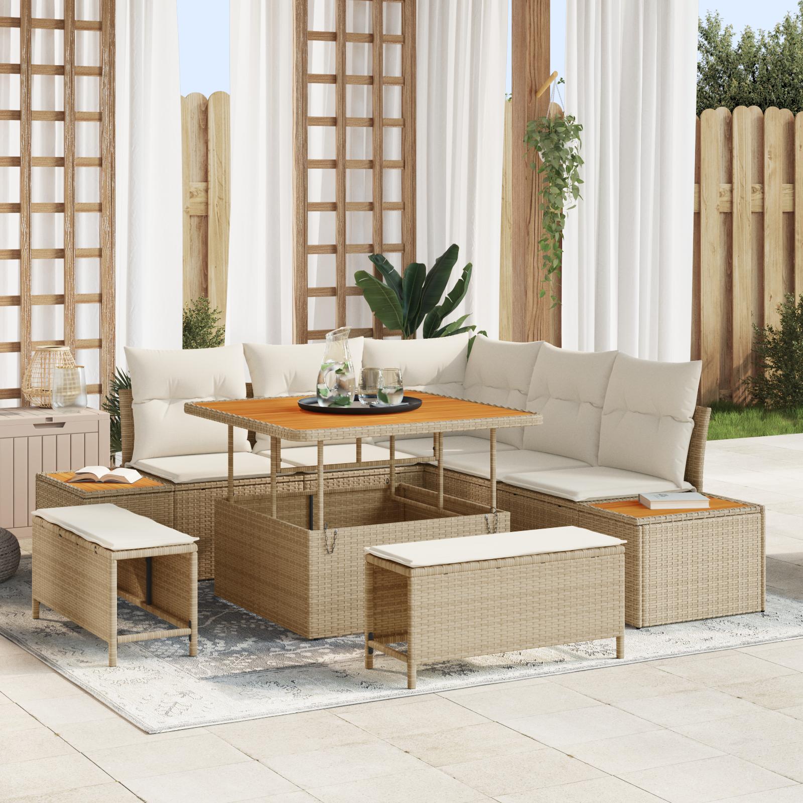 Havesofa Sæt Med Pude Med Opbevaring 8 Dele Poly Rattan - beige og cremehvid / 100 cm bordlængde