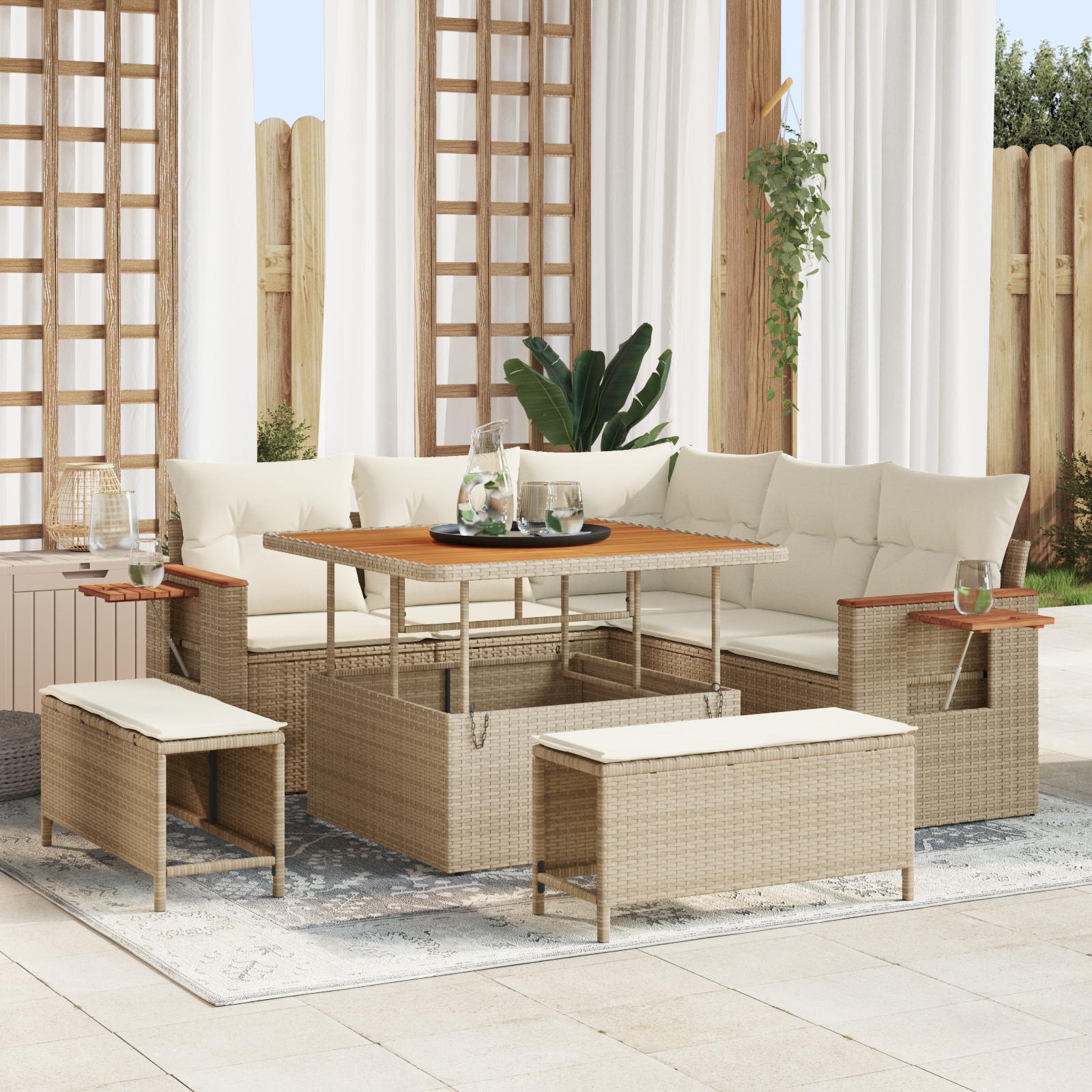 Havesofa Sæt med pude med opbevaring 8 stk Beige Poly rattan