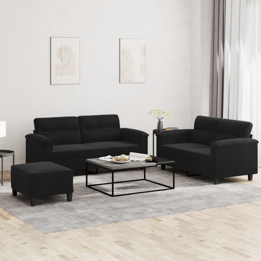Sofasæt 3 dele med hynder mikrofiberstof sort